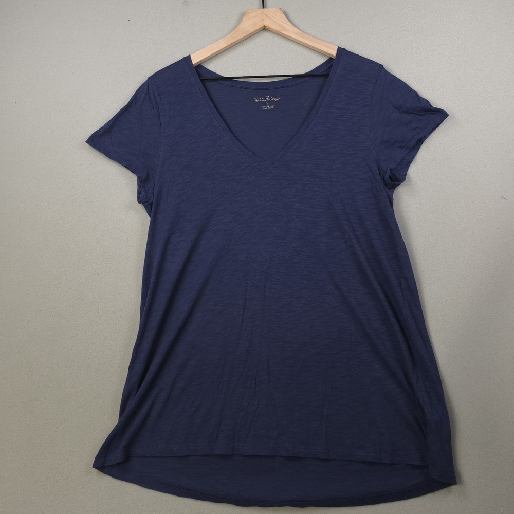 Lilly Pulitzer Etta Top Women's Lg Navy V-Neck Pima Cotton Slub Tee Shirt Preppy